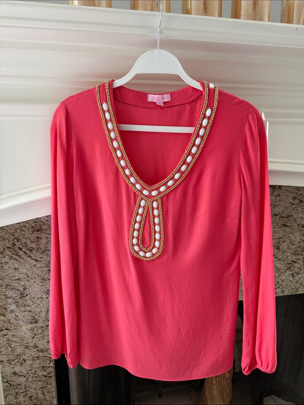 Lilly Pulitzer Coral Pink Beaded V-Neck Long Sleeve Blouse size small